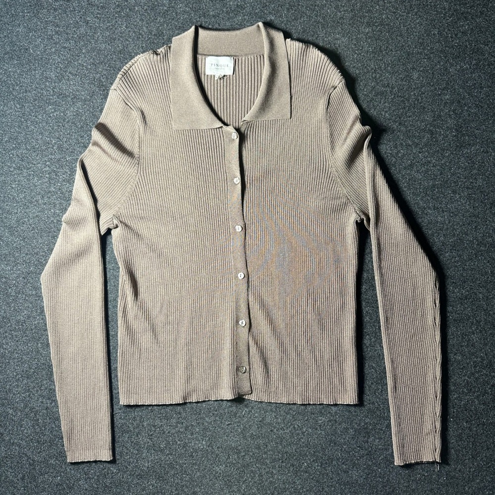 Pinque Design Studio Taupe Brown Ribbed Button Front Polo Cardigan XXL